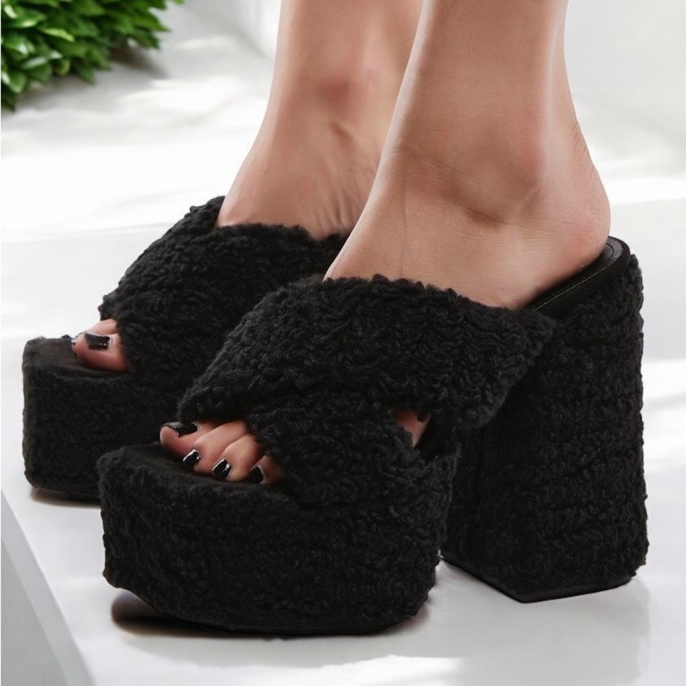 Black Fuzzy Square Toe Platform Mule